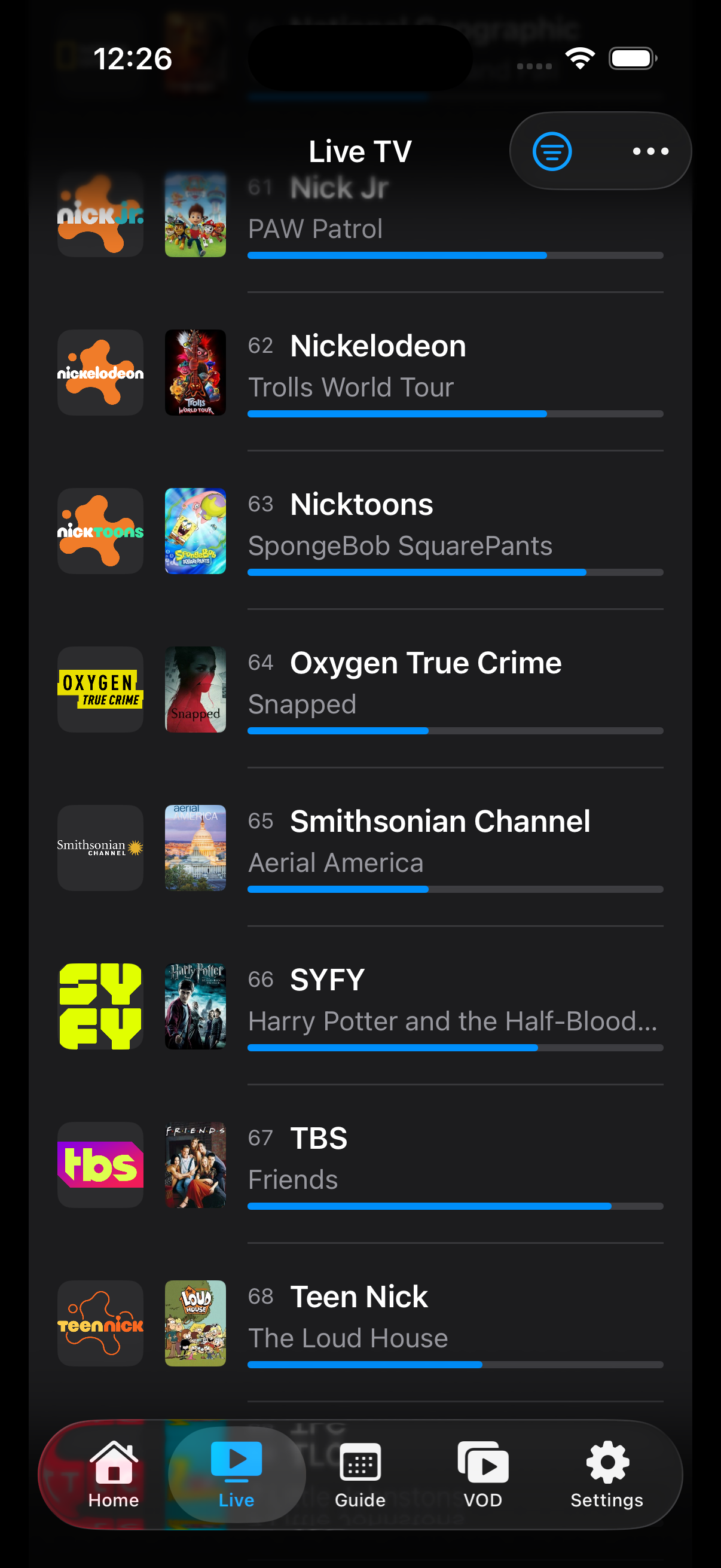 Streamline Live TV — channel list with artwork